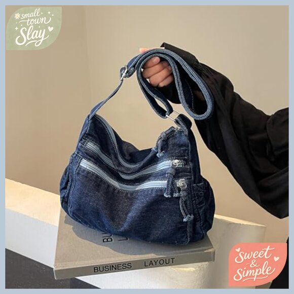 Denim Hobo Shoulder Bag with Adjustable Strap, Zipper Closure, Multiple Pockets - Picture 4 of 7
